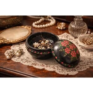 Vintage 1930s Hand-Painted Black Floral Papier-Mâché Lidded Trinket Box, 3x3”